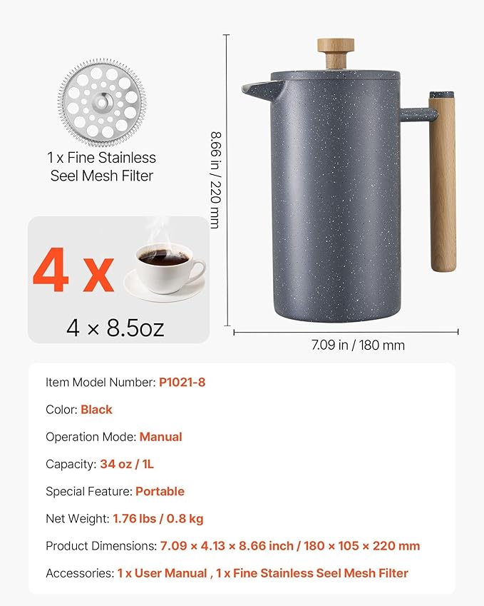 34 oz Stainless Steel French Press Coffee Maker Double Wall Insulated for Hot &amp Cold Brew with Precision Filter for Grounds-Free Coffee and Tea Dishwasher Safe