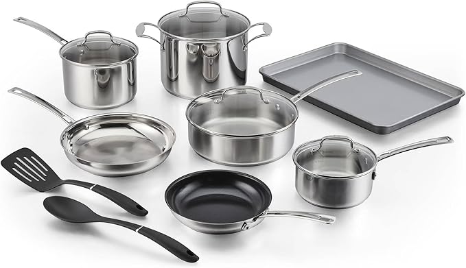 13-Piece Stainless Steel Cookware Set with Glass Lids and Kitchen Utensils