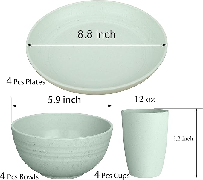 LuckyZone Wheat Straw Dinnerware Sets for 4 (Reusable Plates Bowls &amp Cups) - Lightweight Unbreakable Dinner Camping Dishes - Dishwasher &amp Microwave Safe Eco Friendly(12Pcs/4Color)