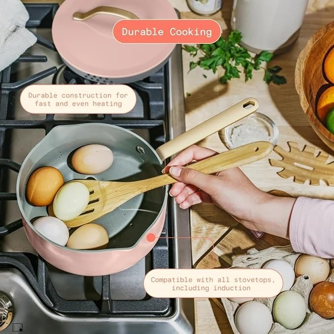 12-Piece Ceramic Nonstick Cookware Set Pots and Pans with Strainer Lids (Rose)