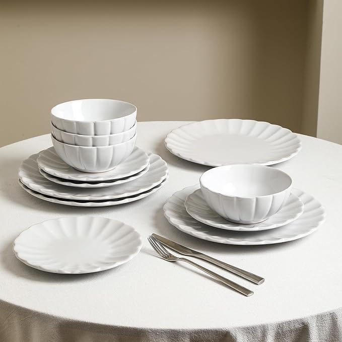 Earth &amp Clay Phoenix 12-Piece Stoneware Dinnerware Set Plates and Bowls Set Dishwasher and Microwave Safe Dish Set for 4 White