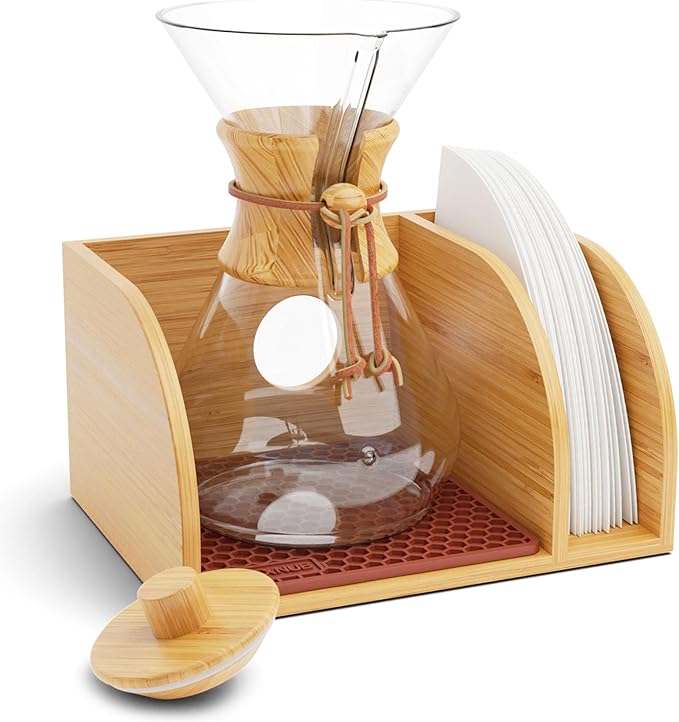 HEXNUB Caddy and Lid for Pour Over Coffee Maker Bamboo Stand fits Chemex Bodum Cosori Carafes Heatproof Mat Filter Holder for Drip Coffee Maker - Brown Mat
