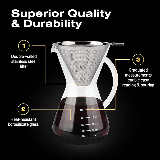 Bean Envy Pour Over Coffee Maker High-Heat Borosilicate Glass with Reusable Stainless Steel Filter Glass Coffee Maker (20 Oz)