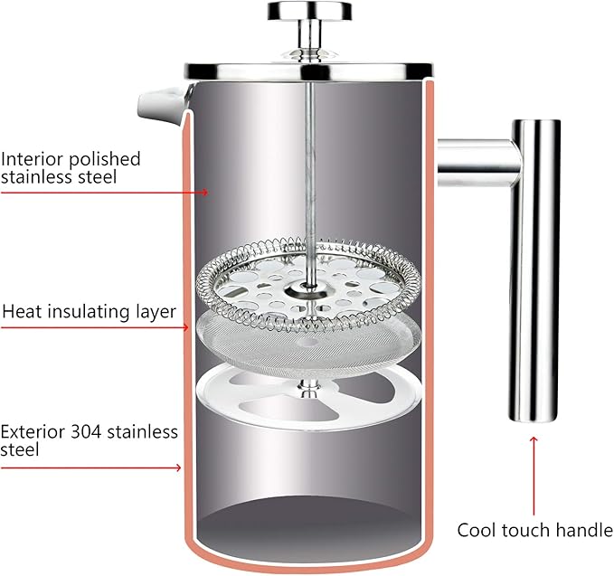 Insulated French Press Coffee Maker Stainless Steel Double-Wall Metal 3 Level Filtration System Rust-Free Dishwasher Safe