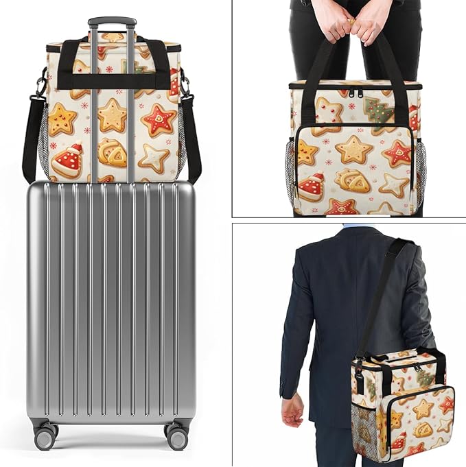 Cute Xmas Biscuit Coffee Maker Carrying Bag Portable Travel Storage Tote Bag Compatible with K-Mini or K-Mini Plus Single Serve Coffee Brewer Carrying Case with Multiple Pockets &amp Shoulder Strap