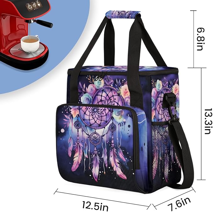 Dream Catcher Coffee Maker Carrying Bag Purple Florals Travel Storage Bag Compatible with K-Mini or K-Mini Plus Single Serve Coffee Brewer Carrying Case with Multiple Pockets &amp Shoulder Strap