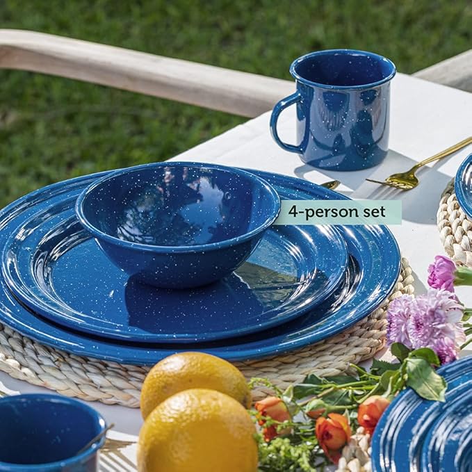 Cinsa 23 Piece. Enameled Dinnerware Camping/Outdoor Set for 4. Includes Plates Bowls Mugs Coffee Boiler.