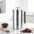 Stainless Steel French Press Coffee Maker 21OZ(0.6 Litre) Camping Coffee Press with Green Handle for Personal Office Travel(Sanding Silver 1-3 Cups)