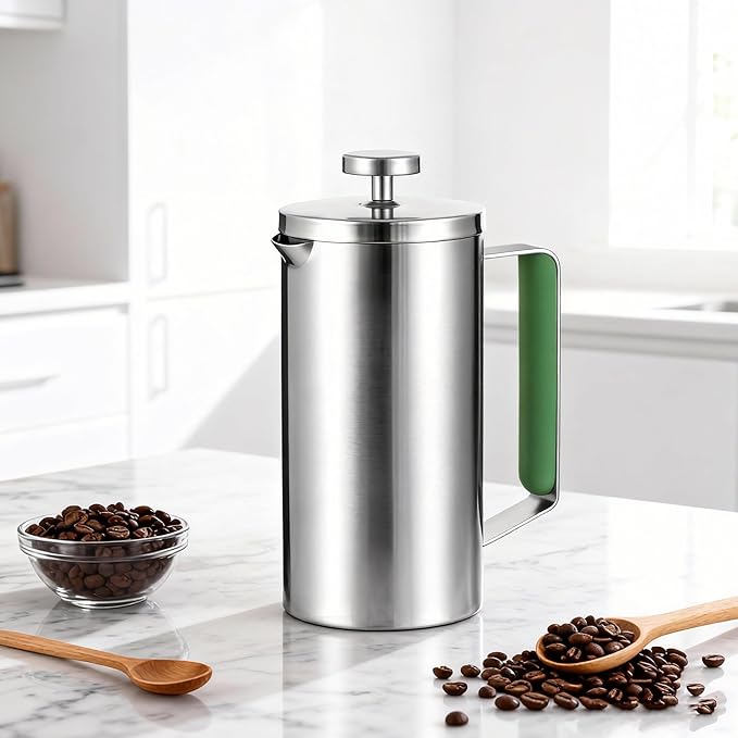 Stainless Steel French Press Coffee Maker 21OZ(0.6 Litre) Camping Coffee Press with Green Handle for Personal Office Travel(Sanding Silver 1-3 Cups)