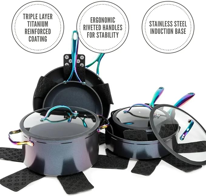 12-Piece Non-Stick Aluminum Cookware Set with Induction Base Oven Safe Black Finish (Black &amp Rainbow)