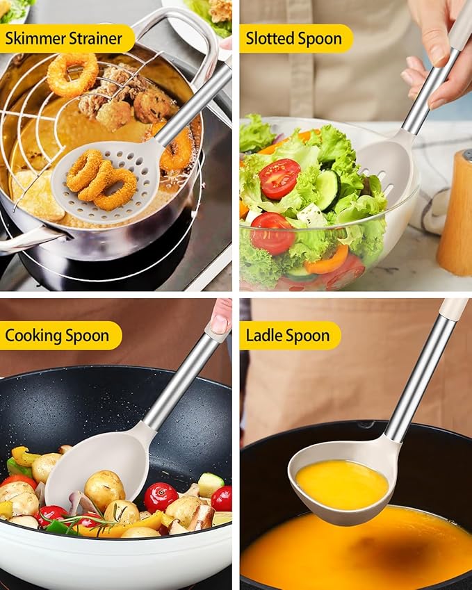 Silicone Cooking Utensil Set 8Pcs Non-stick Cookwares with Stainless Steel Handle BPA Free Heat Resistant Kitchen Tools with Spatulas Turners Spoons Skimmer and Pasta Fork (KHAKI)