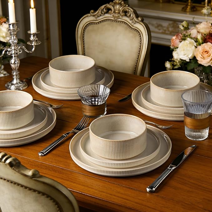 Stoneware Dinnerware Sets Plates and Bowls Sets for 4 12-Piece Ribbed Dishes – Chip &amp Scratch Resistant Microwave and Dishwasher Safe Tableware Beige