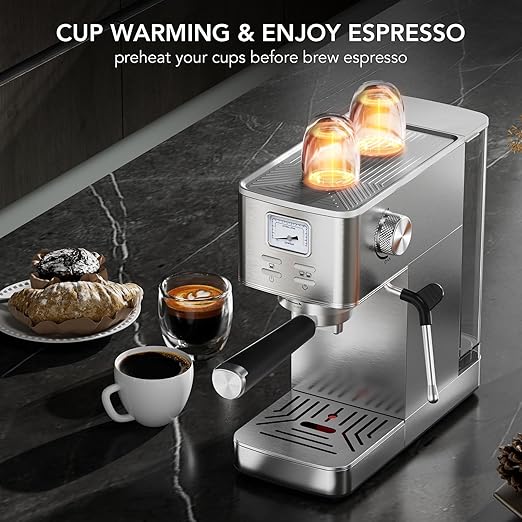 COWSAR Espresso Machine 20 Bar Compact Commercial Espresso Maker with Milk Frother Visual Pressure Gauge Coffee Machine with 47oz Removable Water Tank and Capsule Funnel for Cappuccino Latte