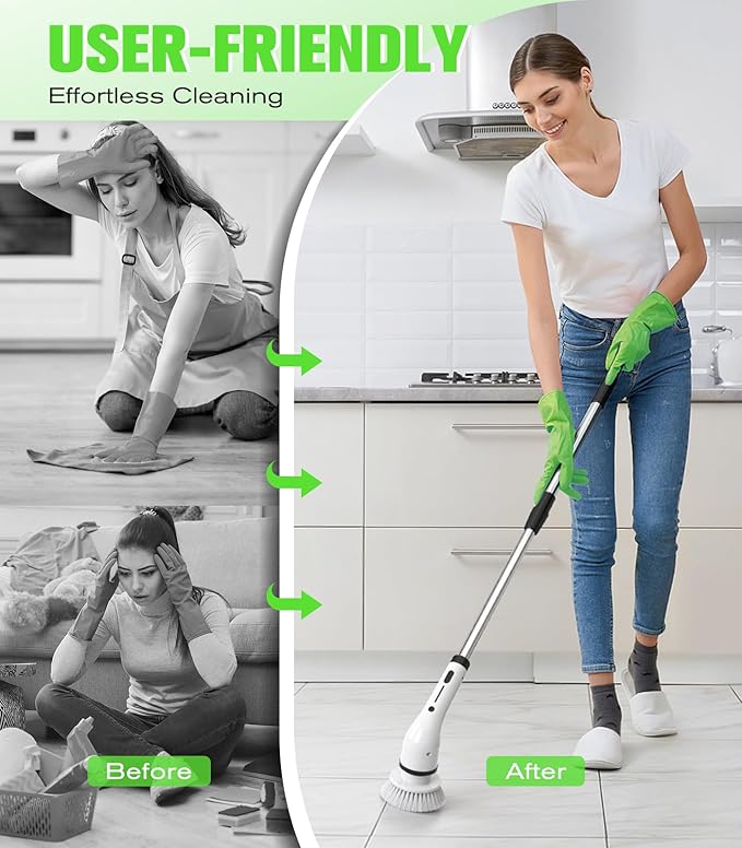 Electric Spin Scrubber for CleaningCordless Waterproof Bathroom Shower Brushes with 9 Heads1.5H Power Dual Speed Cleaner with Extendable Handles for Bathtub Floor Kitchen Wall
