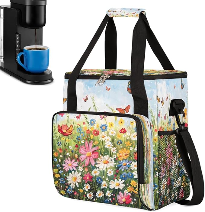 Flower Butterfly Oil Painting Coffee Maker Carring Bag Travel Carrying Storage Tote Bag Compatible with Keurig K-Mini or K-Mini Plus Portable Single Serve Coffee Brewer Case with Pockets