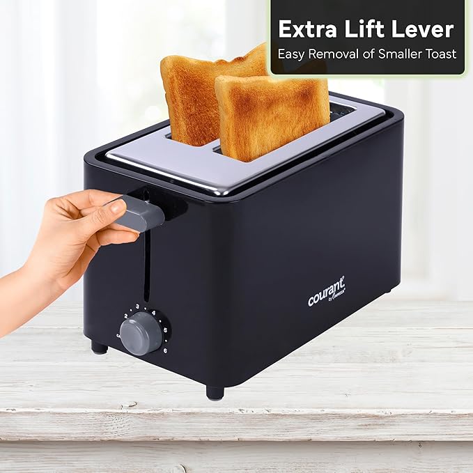 Courant 2-Slice Toaster Cool Touch with Extra Wide Slots For Bread Bagels &amp Waffle with 6 Adjustable Shade Settings Crumb Tray &amp Cancel Function Extra-Lift Feature compact Design - Black