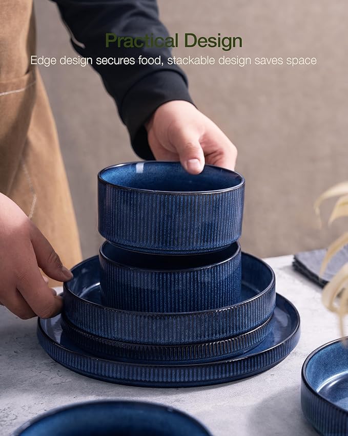 Famiware Star Dinnerware Set with Mugs Service for 6 (24 Pieces) Ribbed Stoneware Plates and Bowls Dishes Sets - Chip &amp Scratch Resistant Microwave &amp Dishwasher Safe Nebulas Blue