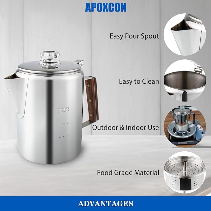 Coffee Percolator Camping Coffee Pot Stainless Steel with Glass Knob Using on any Stovetop - NO Aluminum NO Plastic (9 Cup)
