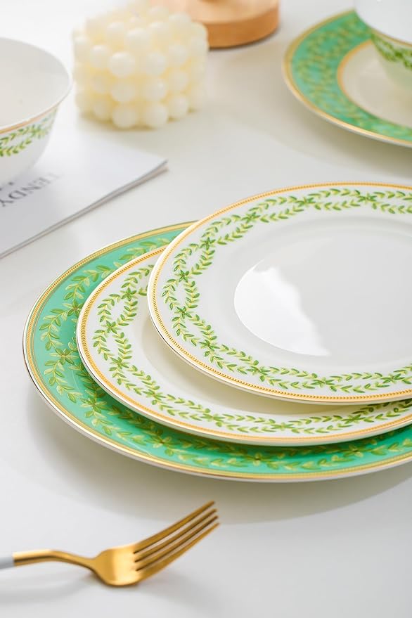 High Bone China Dinnerware Set 12-Piece Artistic Green Plates and Bowls Lightweight &amp Chip Resistant Ceramic Service for 4 Dishwasher Safe Elegant Kitchen Dining