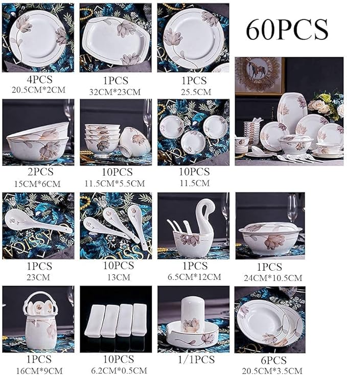 Porcelain Dinnerware Set Line Drawing Petal Decoration Bone China Tableware SetDishes/PlateCeramic DinnerFine China DinnerwareDishwasher Microwave SafeB60 Pieces Serve 10 People
