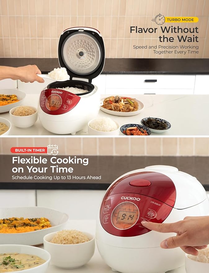 CUCKOO Micom Rice Cooker 3 Cup Uncooked / 6 Cup Cooked Korean Fuzzy Logic Rice Cooker Small with Delay Timer &amp Keep Warm Setting Versatile Food Steamer with Non-Stick Inner Pot Red (CR-0351F)