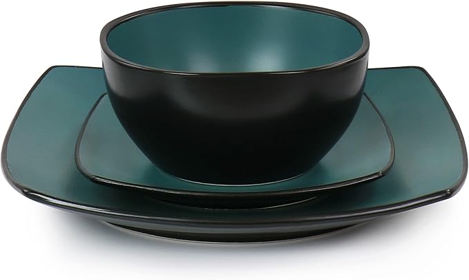 16pc Square Stoneware Dinnerware Set in Teal Green Solid Casual 16 Piece Microwave Safe