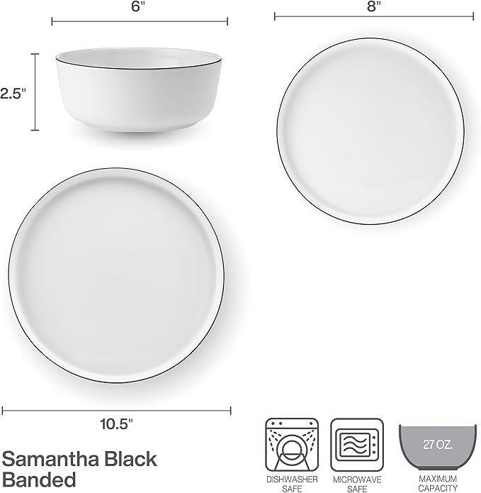 Mikasa Samantha 12 Piece Bone China Dinnerware Plate and Bowl Set Service for 4 Black Banded Rim Chip-Resistant Lightweight Durable White