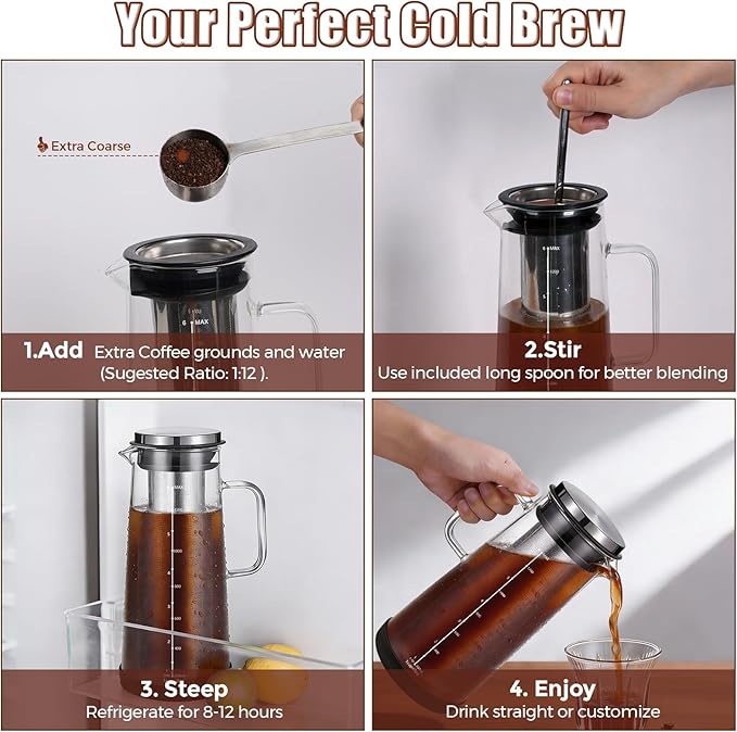Cold Brew Coffee Maker 1.4L/48oz with Handle Extended Stainless Steel Filter for Deep Extraction Iced Tea Pitcher with Non-Slip Base Includes Cleaning Brush &amp Long Stirring Spoon