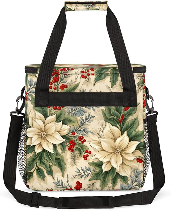 Holly Berry Flowers Coffee Maker Carrying Bag Retro Flowers Travel Storage Bag Compatible with K-Mini or K-Mini Plus Single Serve Coffee Brewer Carrying Case with Multiple Pockets &amp Shoulder Str
