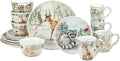16 Pc Dinnerware Set Service for 4 Brown Multi Color White Animal Casual Modern Contemporary Round Piece Dishwasher Safe Microwave