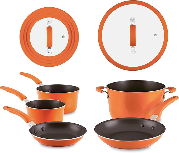 Rachael Ray Cook + Create Nonstick Pots and Pans Set with Universal Space-Saving Lids Baking Pan/Cookie Sheet and Kitchen Cooking Tools Cookware Set 11 Piece - Orange