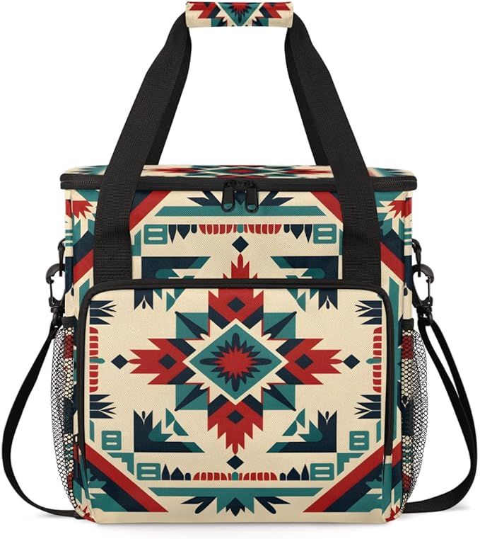 Geometry Flower Coffee Maker Carrying Bag Retro Aztec Travel Storage Bag Compatible with K-Mini or K-Mini Plus Single Serve Coffee Brewer Carrying Case with Multiple Pockets &amp Shoulder Strap