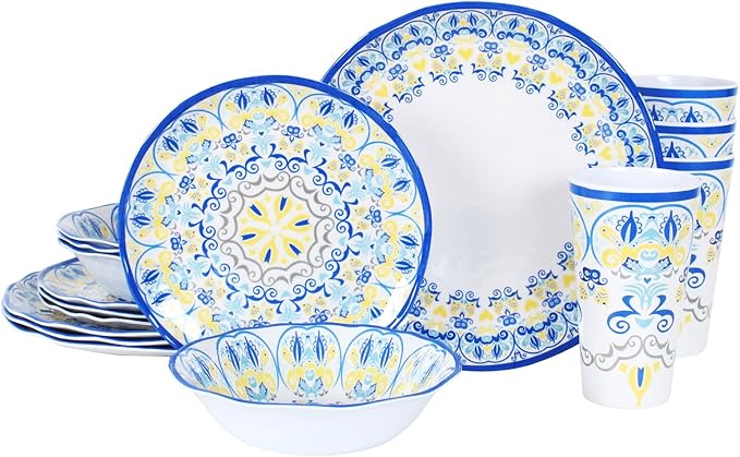 Melamine Dinnerware Set for 4-16 Pcs:Camping Dishes Set with Dinner PlatesSalad Plates Bowls and Cups.Lightweight and Unbreakable.Indoor and Outdoor Use.