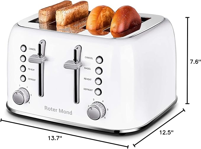 Roter Mond Toaster 4 Slice Retro Stainless Steel with Extra Wide Slots Bagel Defrost Reheat Function Dual Independent Control Panel Removable Crumb Tray 6 Browning Levels White