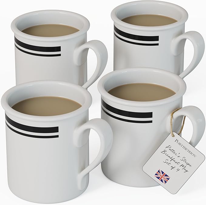 Portmeirion Potter's Stripe 16-Piece Dinnerware Set - Black Rimmed Plates &amp Bowls with Mugs Earthenware Dinnerware for Everyday Dining - Dishwasher &amp Microwave Safe Service for 4 Casual Dini