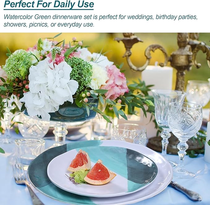 Melamine Plates and Bowls Set - 12pcs Dinnerware Dishes Set for 4 Dinner Plates for Indoor and Outdoor Use Lightweight Break-resistant Green &amp White