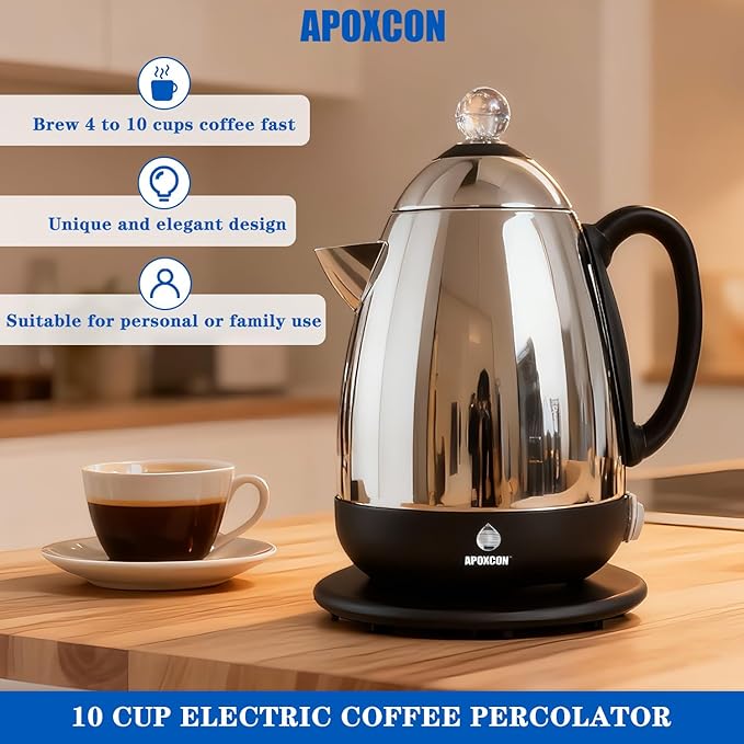 Electric Coffee Percolator Stainless Steel Coffee Maker with Clear Brew Progress Knob &amp Cleaning Brush Auto Keep Warm Cordless Serving elegant design Coffee pot with On/OFF Switch (10 Cup)