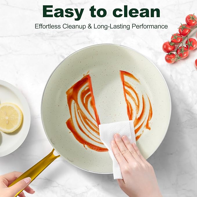 Pots and Pans Set Non Stick 7 Piece White Granite Induction Cookware Set Nonstick Kitchen Cooking Set with Gold Handle and Utensil Oven Safe (PFOS PFOA Free)