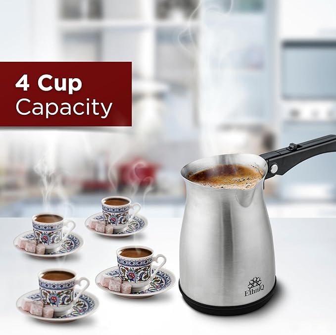 ETHNIQ Turkish Coffee Pot - Stainless Steel 120V 1 to 4 Cup Capacity Fast Brewing Delicious Cup of Turkish Arabic &amp Greek Coffee Maker with Foldable Handle for Home &amp Travel &amp on-off