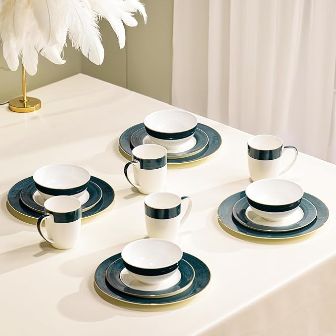 16-Piece Fine Bone China Dinnerware Set Dinner PlatesBowls and Mugs Set Dishware Set for 4 With Selected Christmas Premium Red and Green pattern White Embossed Spot Ornament and Gold Rim