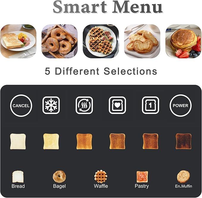 Long Slot Toaster 4 Slice Touch Screen LED Display 1.5” Extra Wide Slots for Thick Bread &amp Bagels Countdown Timer Memory Function Dual Independent Control 6 Shade Settings Stainless Steel