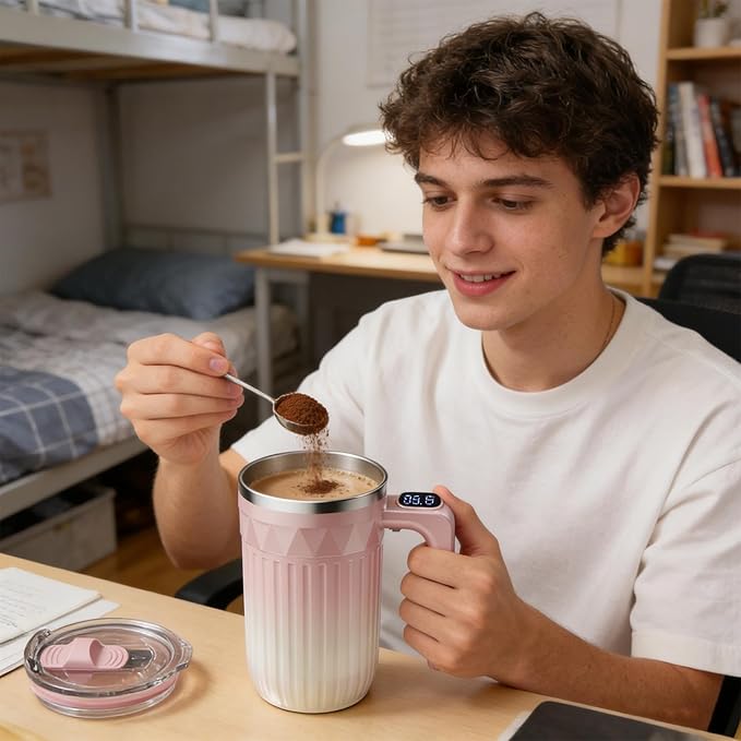 Automatic Stirring Mug - Heating Mixer Cup for Beverages | 450ml Fluid Capacity with Detachable Magnetic Rotor &amp Type C Charging Port for Office Desks Morning Milk Hot Chocolate and Home Kitchen