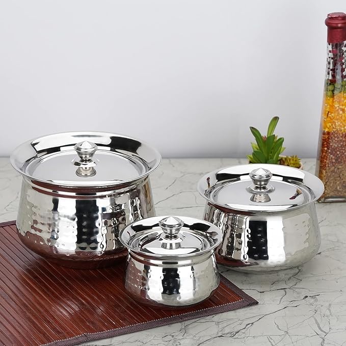 Stainless Steel Hammered Handdi Set with Lid Silver 3 Piece Set 460ml 950ml &amp 1700ml Handcrafted Kitchen Cookware