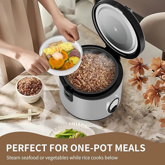 Stainless Steel Rice Cooker with Steamer 4-Cup Uncooked (1.0L)/8-Cup Cooked Electric Grain &amp Vegetable Cooker Auto Keep Warm for Oatmeal Soups &amp Multicooking