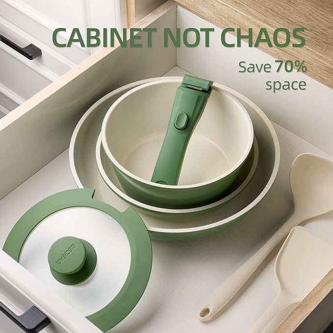 8PCS Ceramic CookwareNonstick Ceramic Pan Removable Handle Pots and Pans Set Stackable Set Nonstick Pan Pots and Pans Set Non Stick pot (Green)
