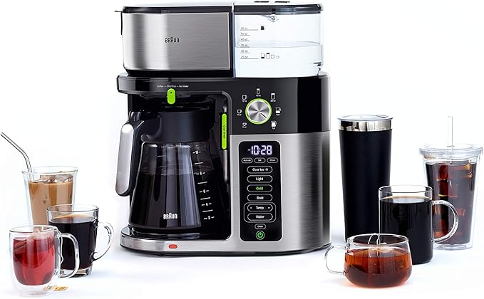 Braun MultiServe Coffee Machine 7 Programmable Brew Sizes / 3 Strengths + Iced Coffee &amp Hot Water for Tea Glass Carafe (10-Cup) Stainless/Black KF9150BK