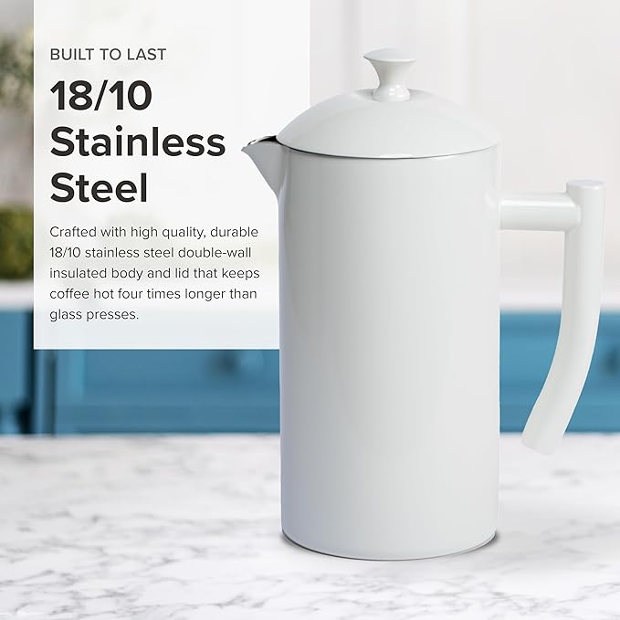 Frieling Double-Walled French Press Coffee Maker - Stainless Steel Coffee Maker with Reusable Filter (34 Fl Oz White)