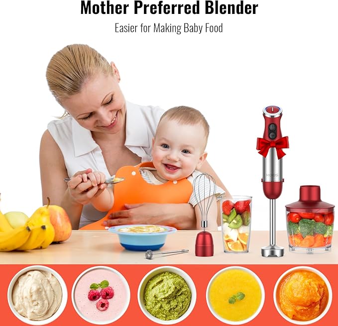 KOIOS 5-in-1 Hand Immersion Blender 1000W 12 Speed Handheld Blender Stick with Copper Motor Stainless Steel Blade 600ml Mixing Beaker500ml Food Processor Whisk Milk Frother Non-BPA Red