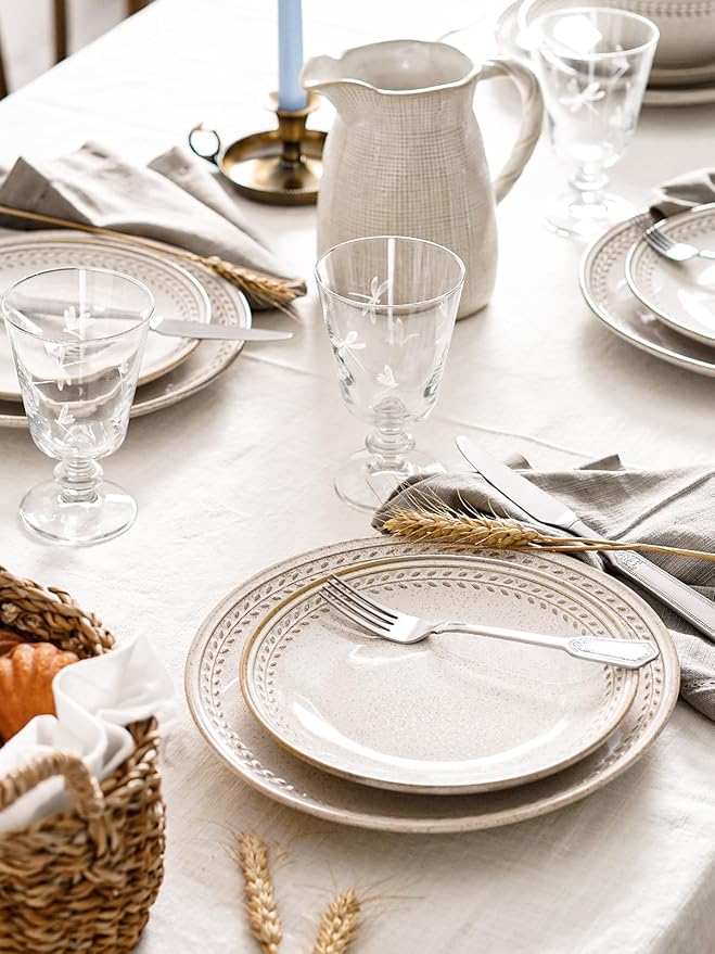 LE TAUCI Dinnerware Sets for 6 18 Piece Ceramic Dish Set with Plates and Bowls | Oven/Dishwasher/Microwave Safe | Ideal for Housewarming | Reactive Beige (10 Plate+8 Dish+27oz Bowl)