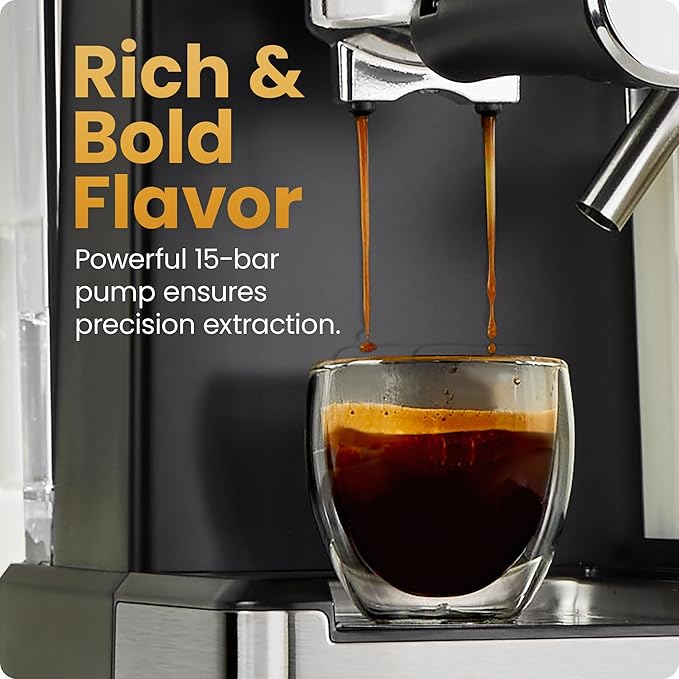 Chefman CaféMaster Pro Espresso Machine Brew Single or Double Shots Coffee Maker with Built-In Milk Frother for Cappuccino &amp Latte XL 1.8 Liter Removable Water Reservoir - Stainless Steel